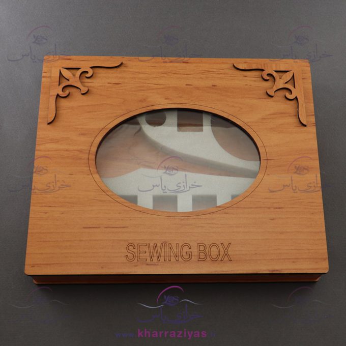 جعبه خیاطی چوبی مربع درب شیشه ای رنگ عسلی