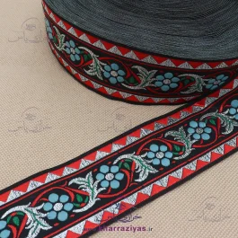 نوار سنتی بافت 5 سانت مشکی قرمز گل آبی لمه نقره ای
