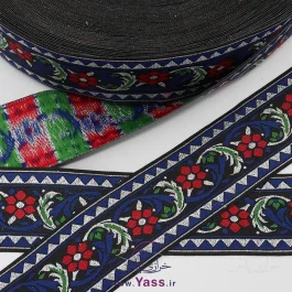 نوار سنتی بافت 5 سانت مشکی آبی گل قرمز لمه نقره ای