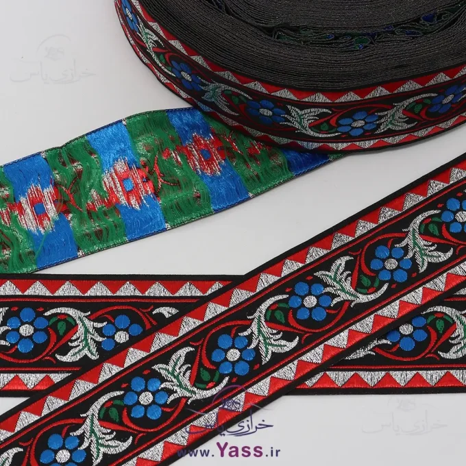 نوار سنتی بافت 5 سانت مشکی قرمز گل آبی لمه نقره ای