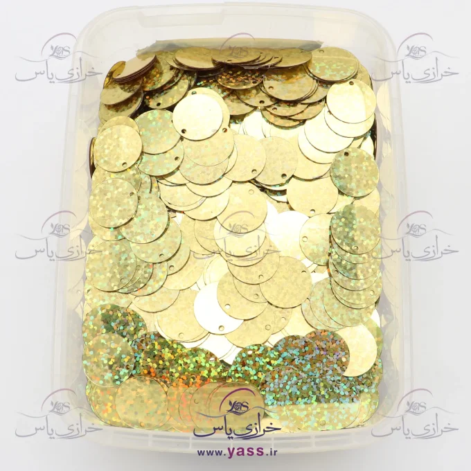پولک سکه ای لیزری طلایی هفت رنگ 16 میل (بسته 250 گرمی)