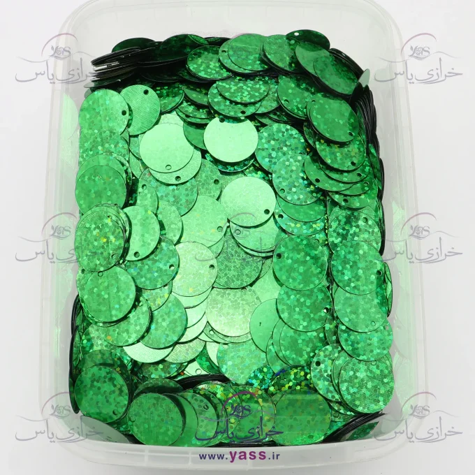 پولک سکه ای لیزری سبز چمنی هفت رنگ 16 میل (بسته 250 گرمی)