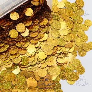 پولک سکه ای لیزری طلایی پررنگ هفت رنگ 16 میل (بسته 250 گرمی)